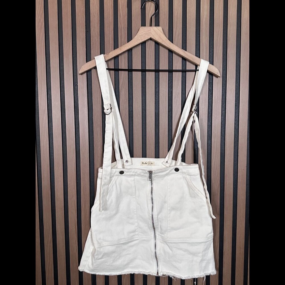 For Love & Lemons Suspender Skirt Small White Denim Mini Overalls Front Zip
